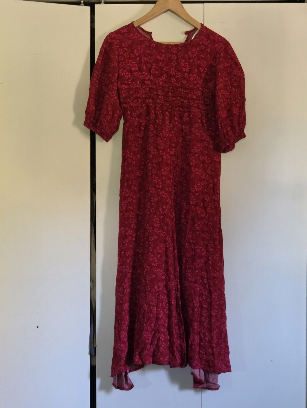 Free People Red Floral Maxi Dress with Puff Sleeves